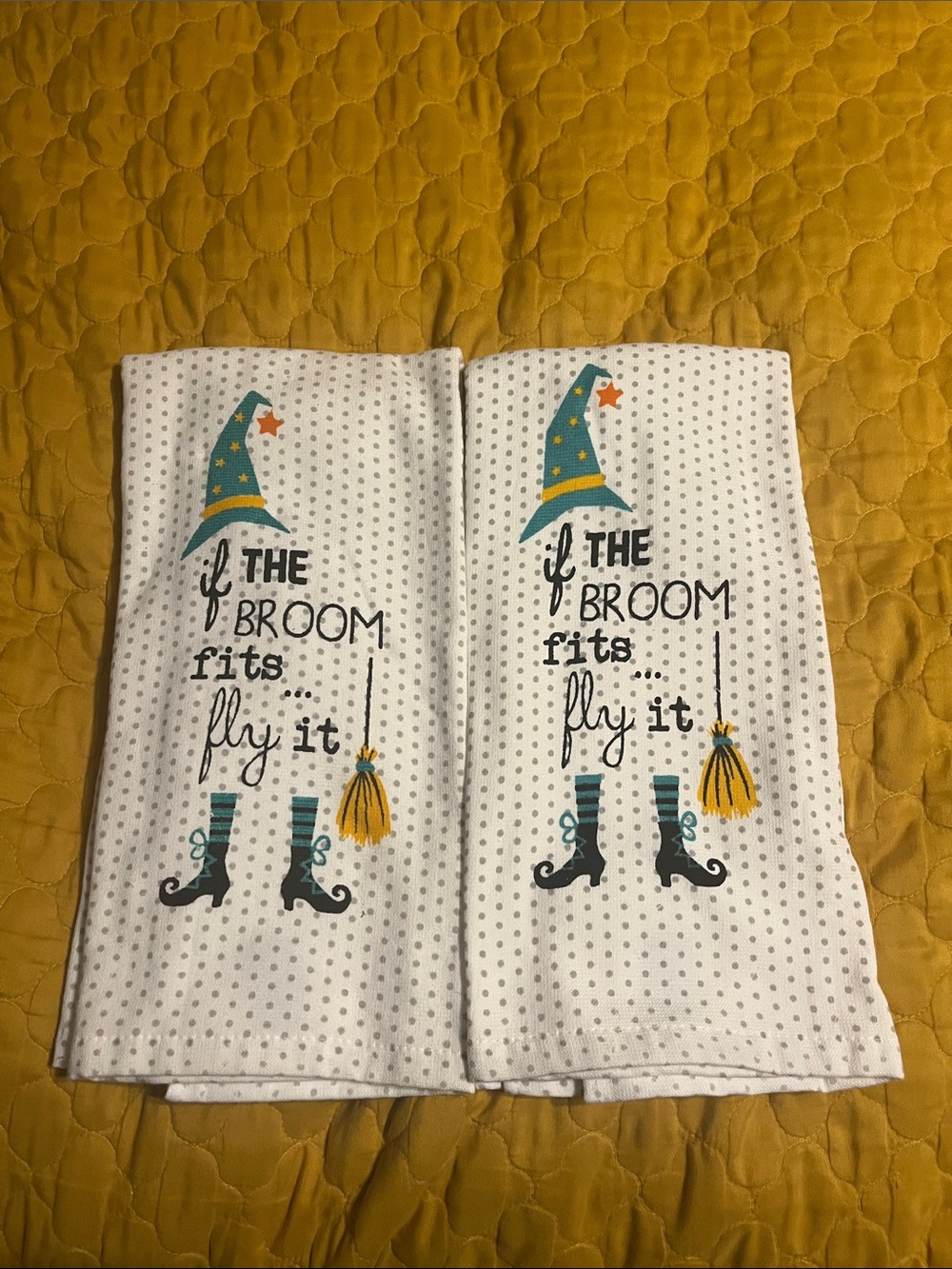 Witch Hat & Broom Embroidered Kitchen Towels - White and Mustard